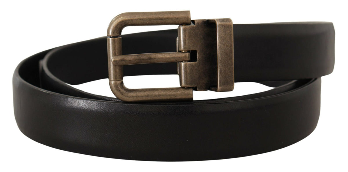 New Dolce & Gabbana Black Calf Leather Brushed Brass Box Buckle Belt
