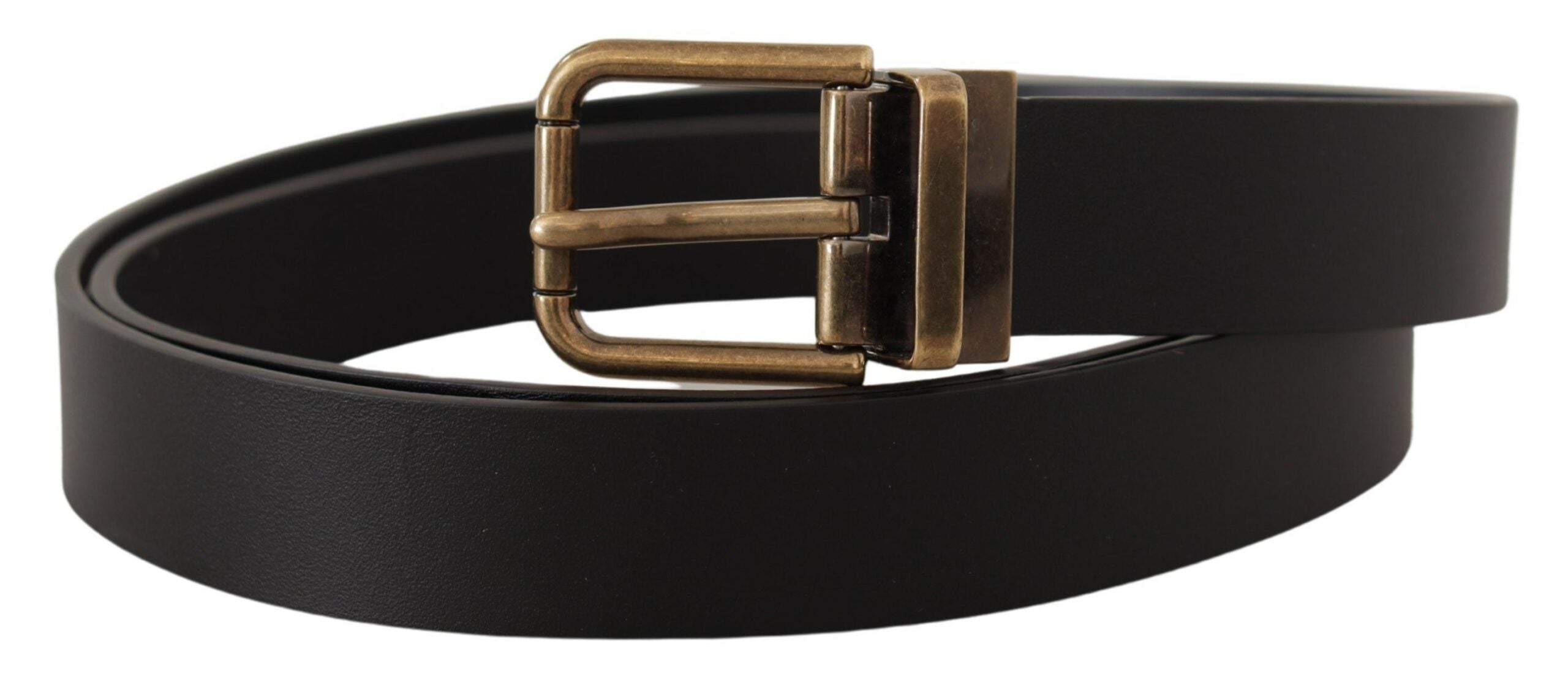 New Dolce & Gabbana Black Leather Brass Metal Box Buckle Belt