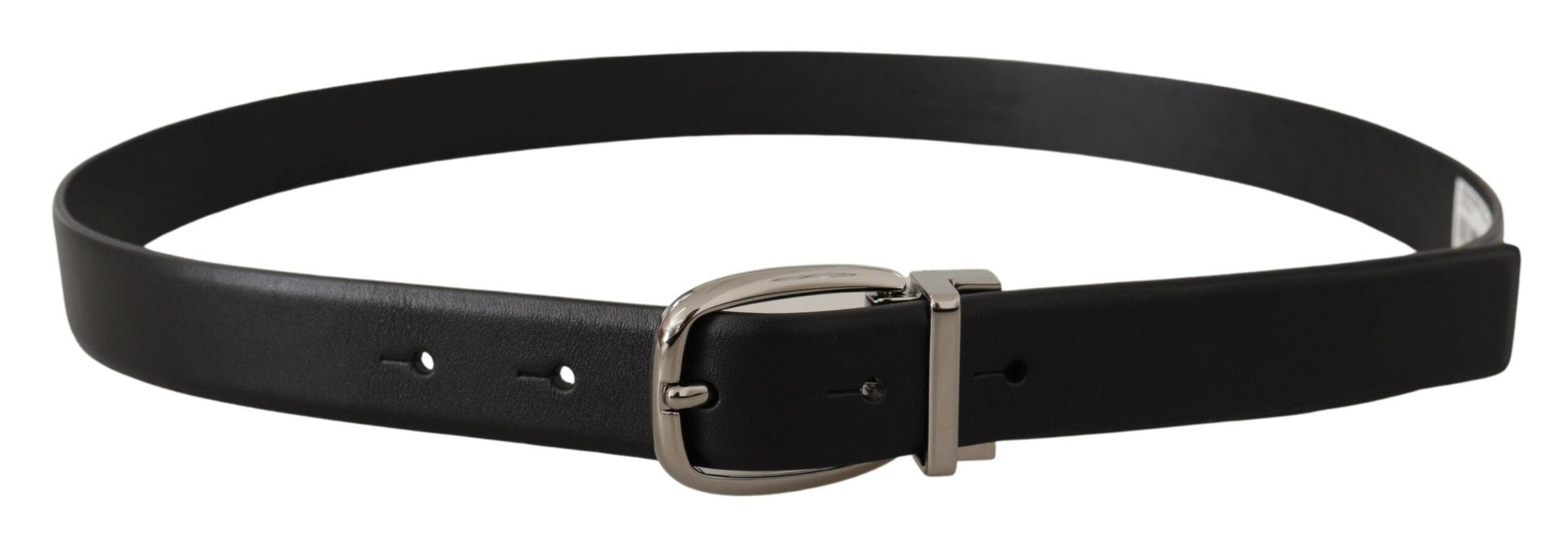 New Dolce & Gabbana Black Leather Silver Metal Chrome Logo Buckle Belt