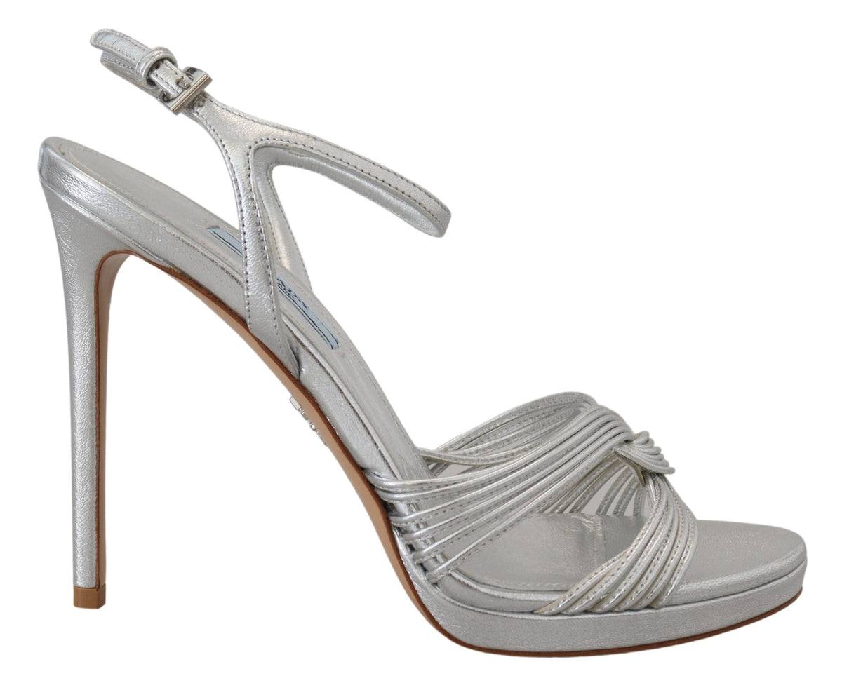 New Prada Silver Leather Sandals Ankle Strap Heels Stiletto