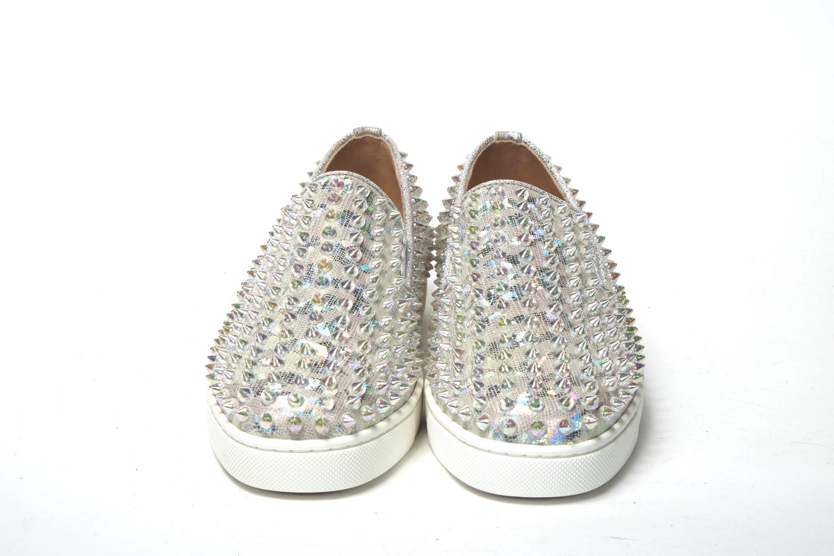 New Christian Louboutin White Ab/Clear Ab Roller Boat Woman Flat Sneaker