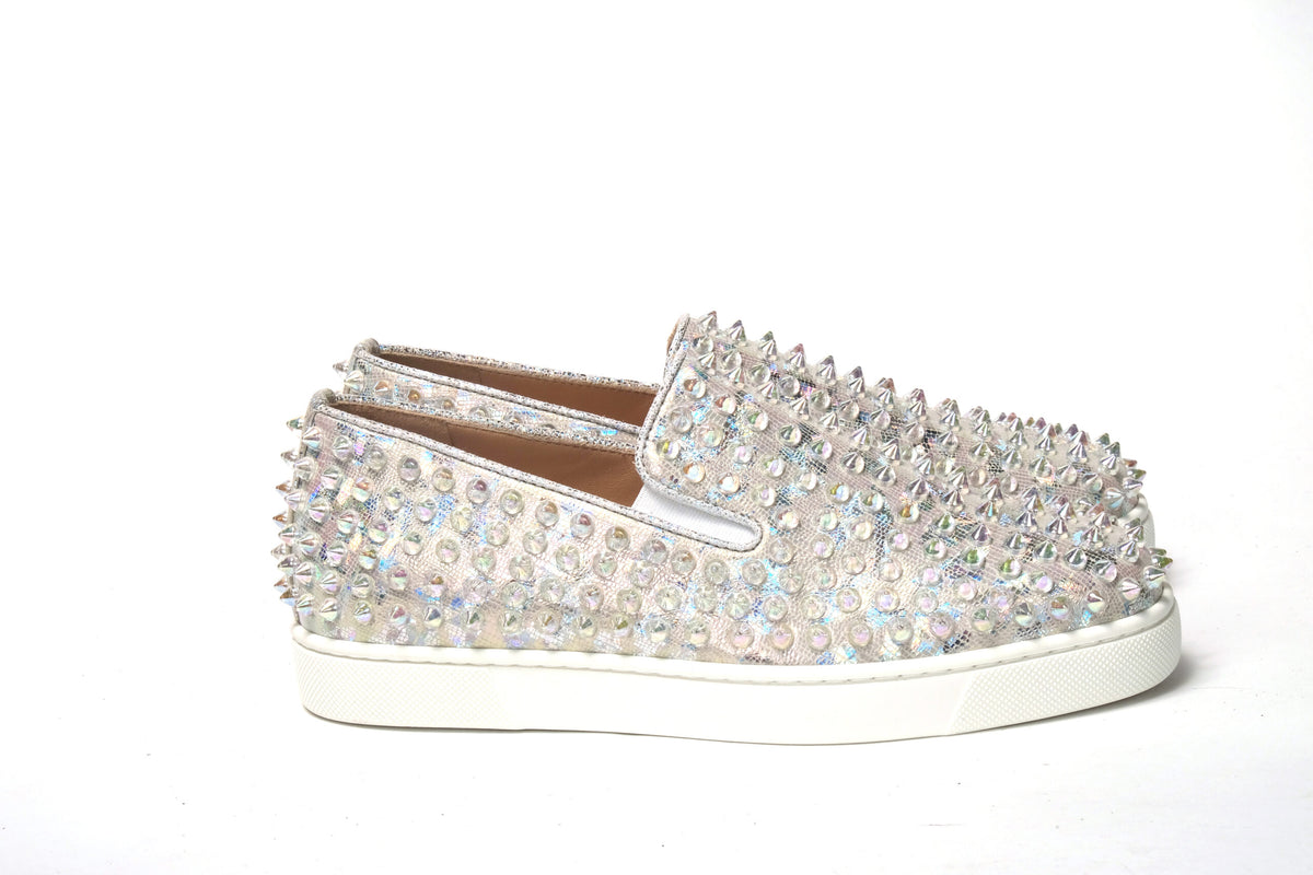 New Christian Louboutin White Ab/Clear Ab Roller Boat Woman Flat Sneaker