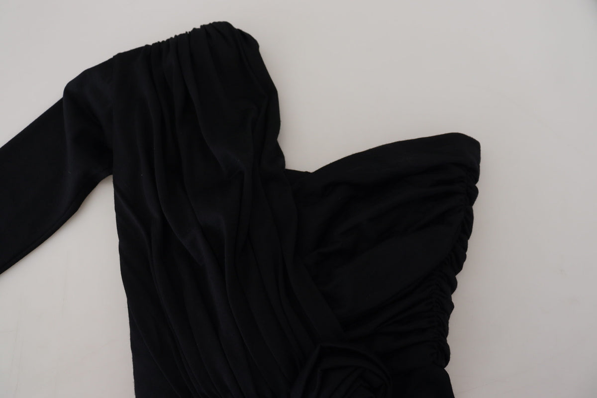 Pre-Owned Dolce & Gabbana Black Wrap Sheath One Shoulder Wool Dress Women's