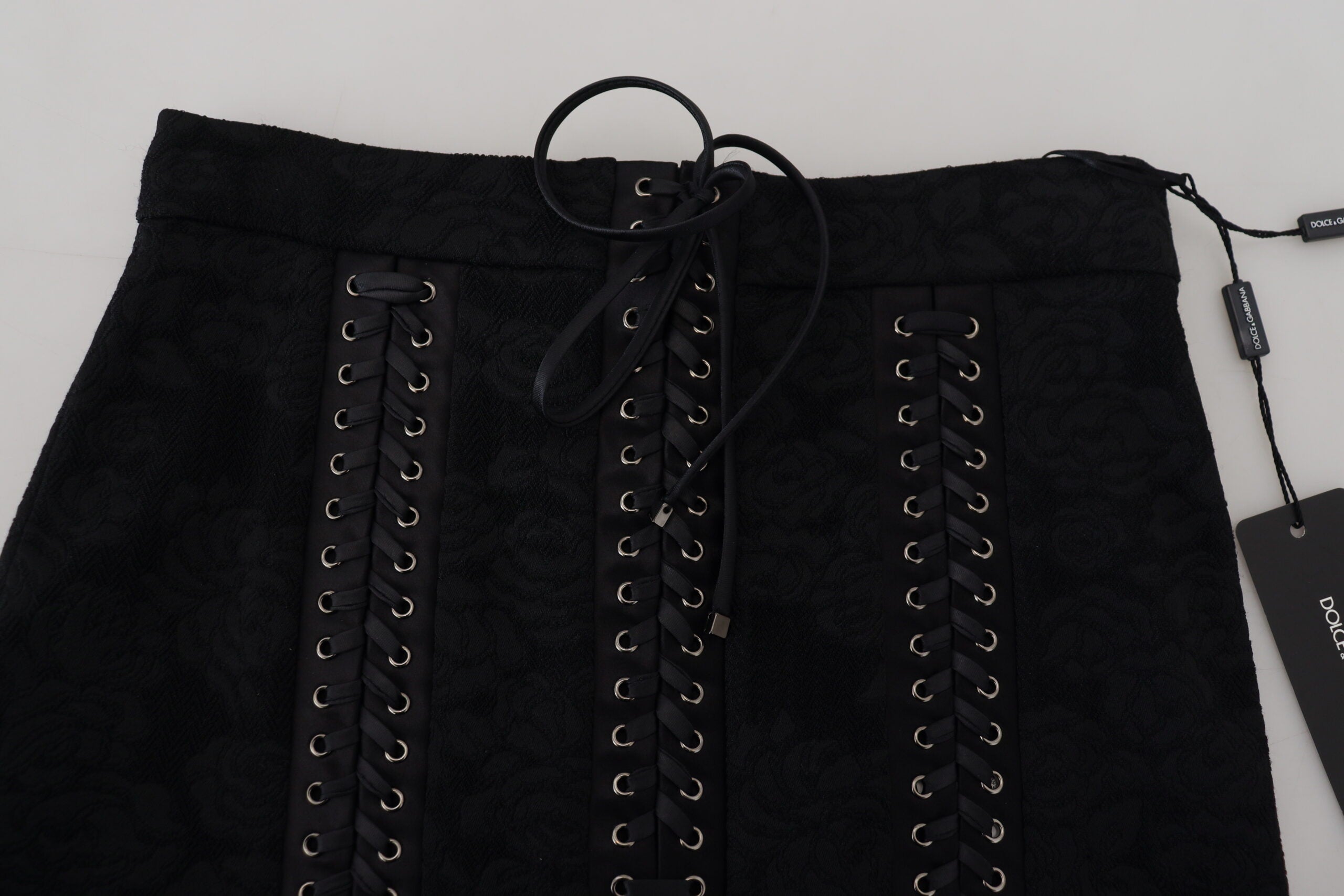 New Dolce & Gabbana Black Brocade Mini Above Knee Pencil Skirt