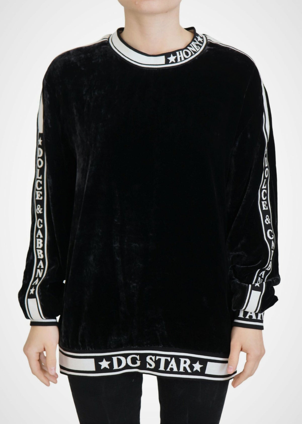 New Dolce & Gabbana Black Velvet Crewneck Pullover Sweater