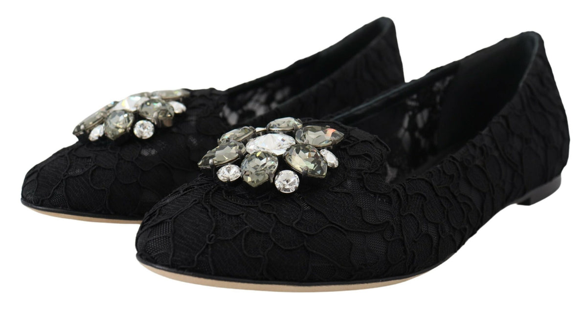 New Dolce & Gabbana Black Taormina Lace Crystals Flats Shoes
