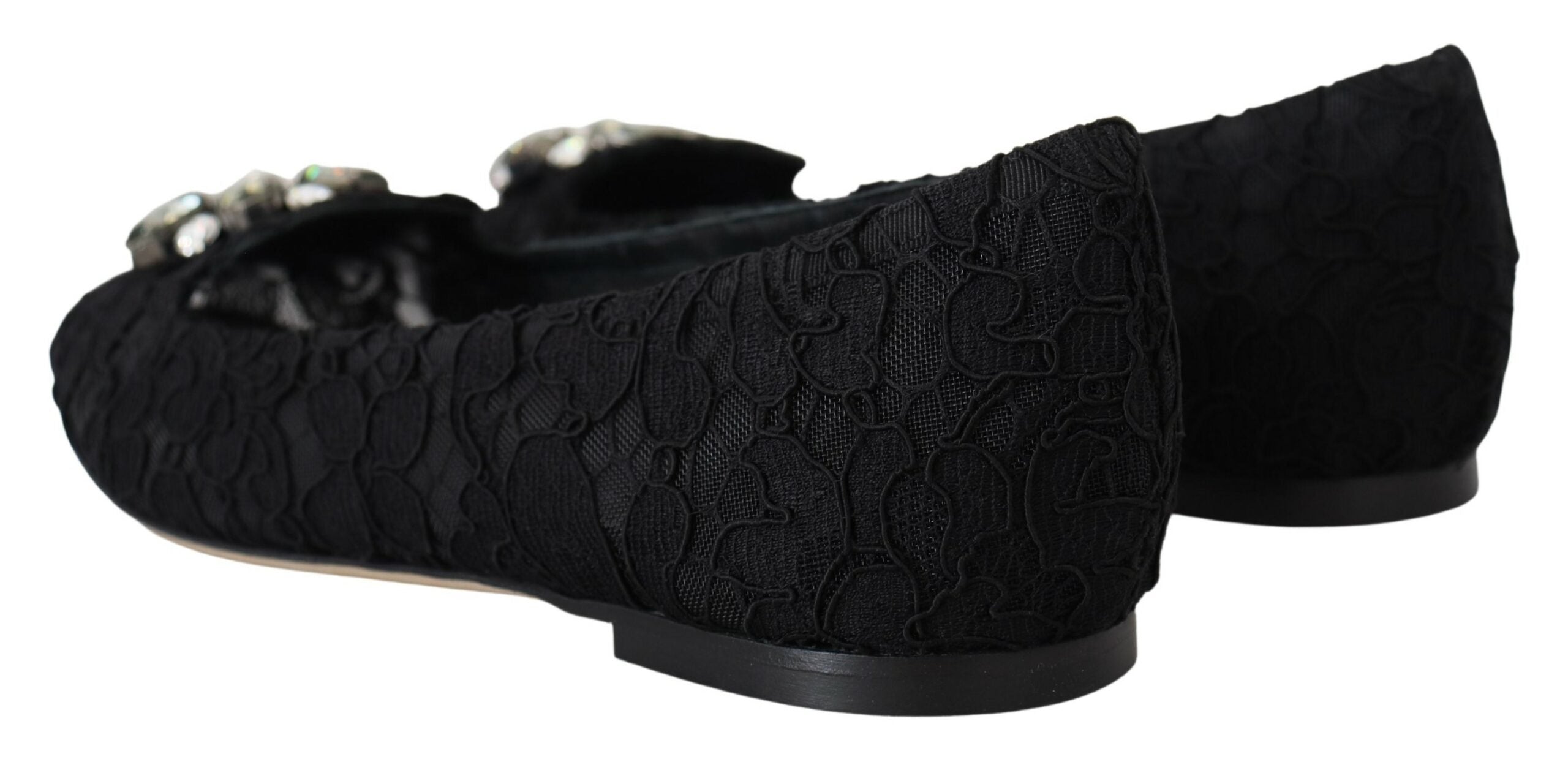 New Dolce & Gabbana Black Taormina Lace Crystals Flats Shoes