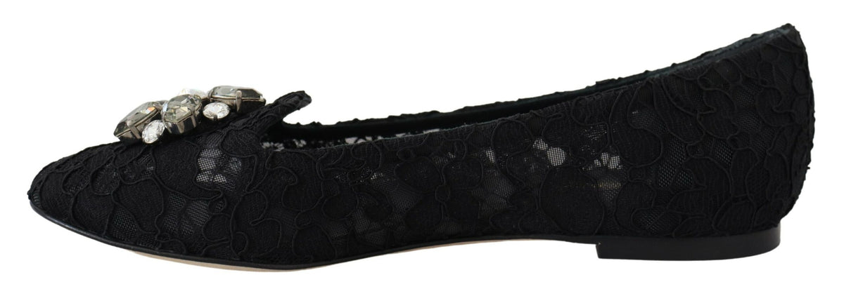 New Dolce & Gabbana Black Taormina Lace Crystals Flats Shoes