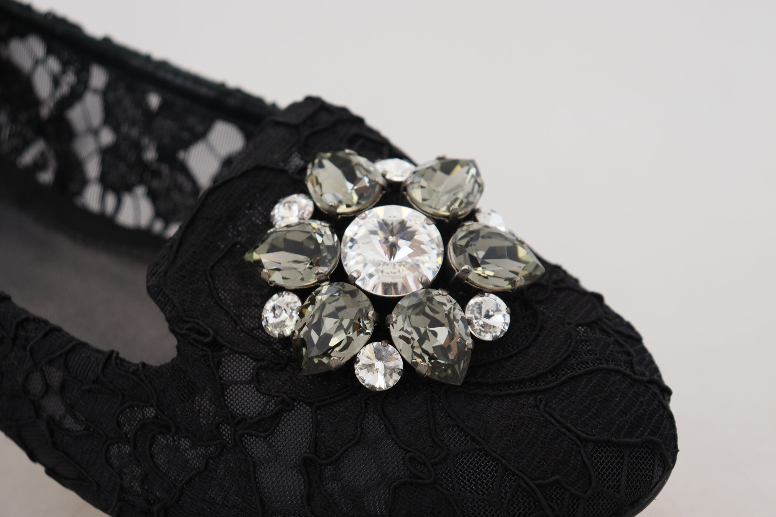 New Dolce & Gabbana Black Taormina Lace Crystals Flats Shoes