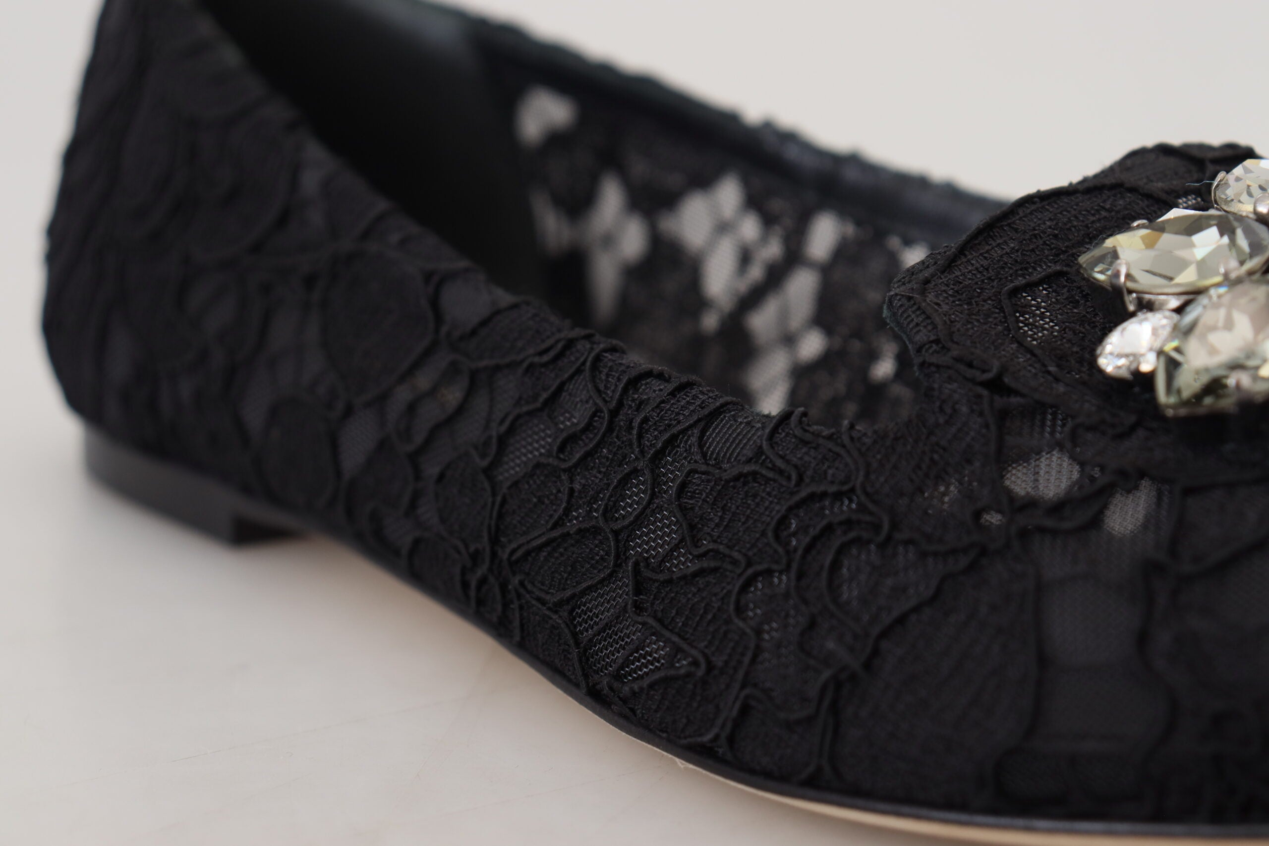 New Dolce & Gabbana Black Taormina Lace Crystals Flats Shoes