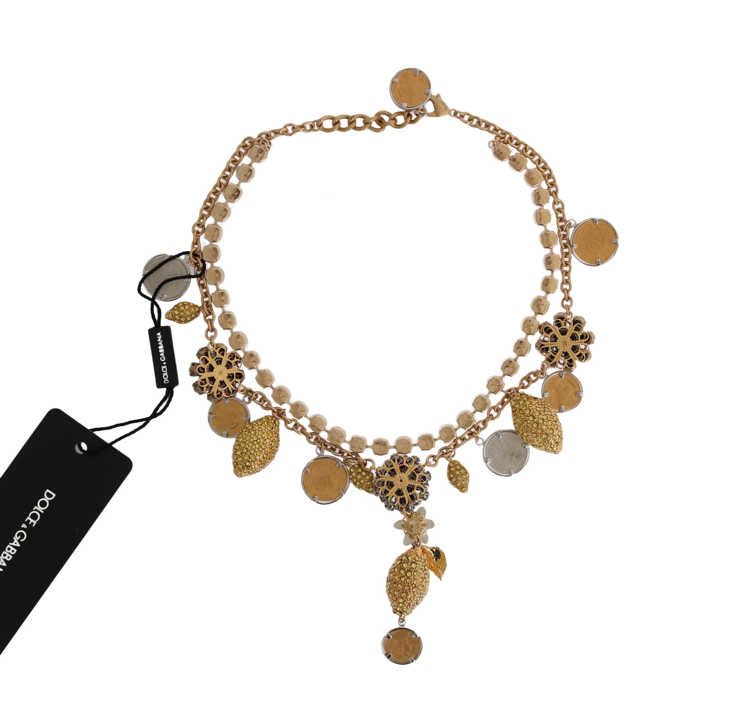 New Dolce & Gabbana Gold Crystal Logo Pineapple Statement Necklace