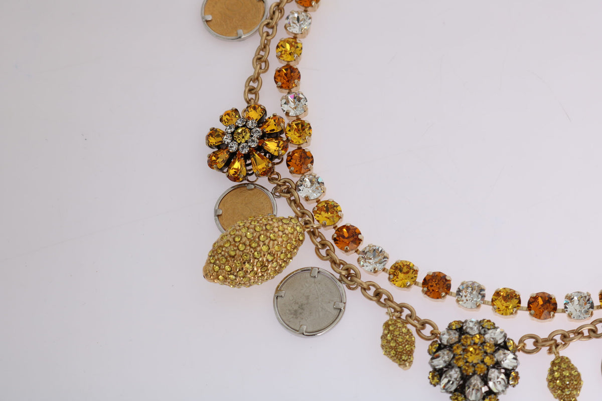 New Dolce & Gabbana Gold Crystal Logo Pineapple Statement Necklace