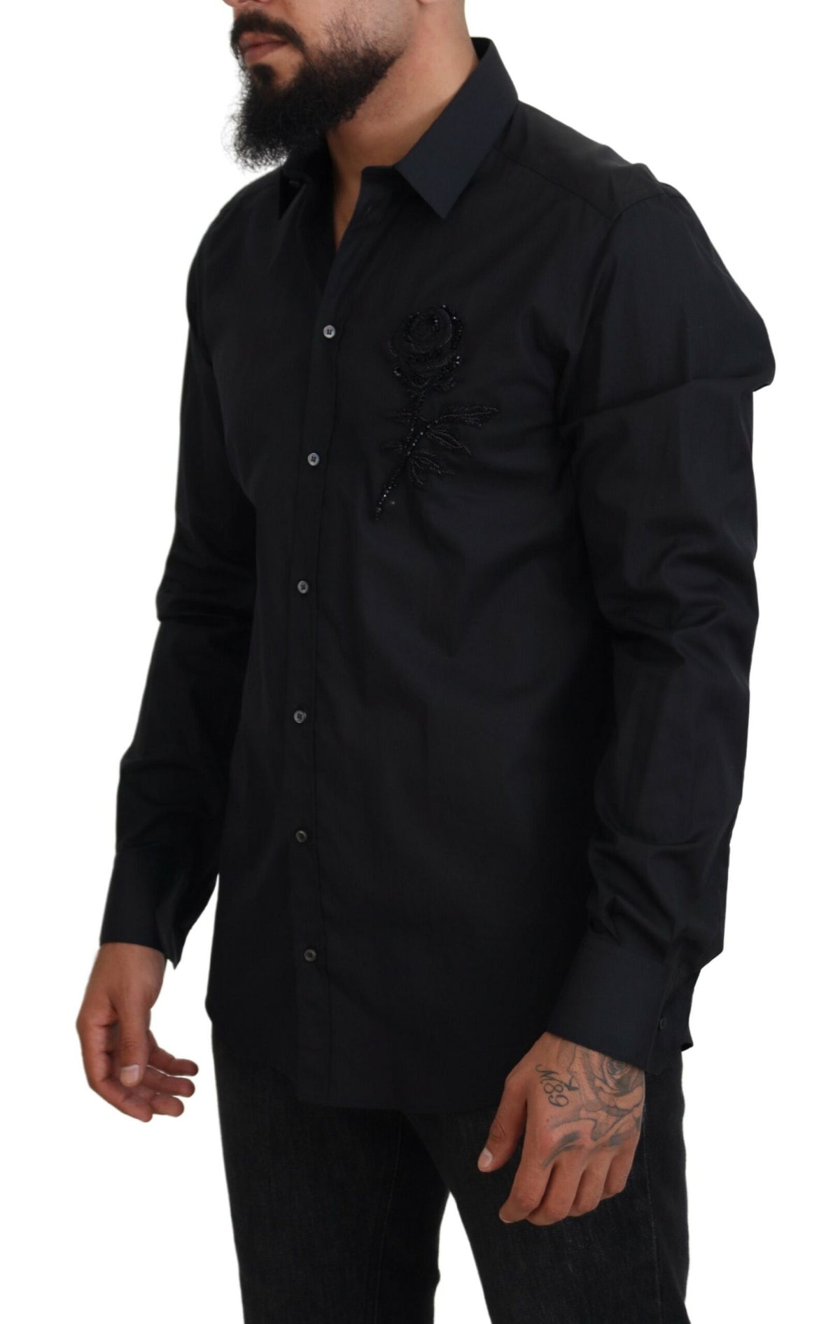 New Dolce & Gabbana Black Roses Slim Fit Cotton Shirt