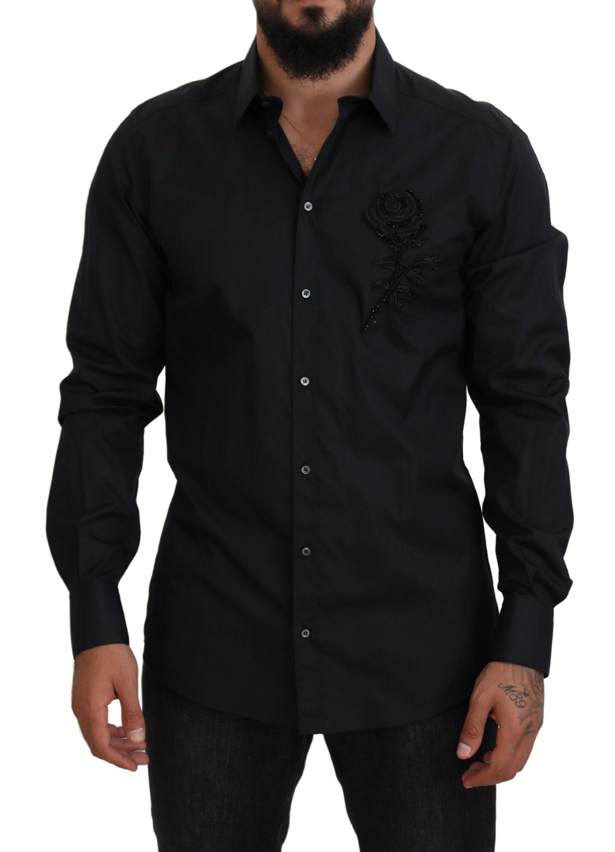 New Dolce & Gabbana Black Roses Slim Fit Cotton Shirt