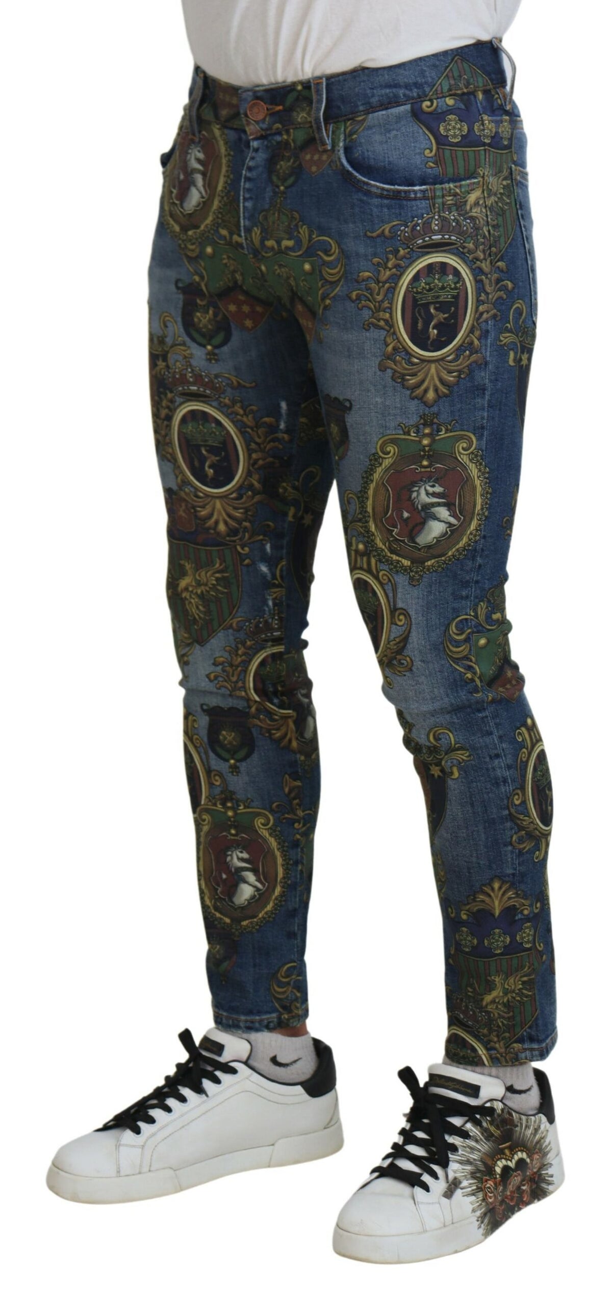 New Dolce & Gabbana Blue Medal Print Slim Fit Cotton Jeans