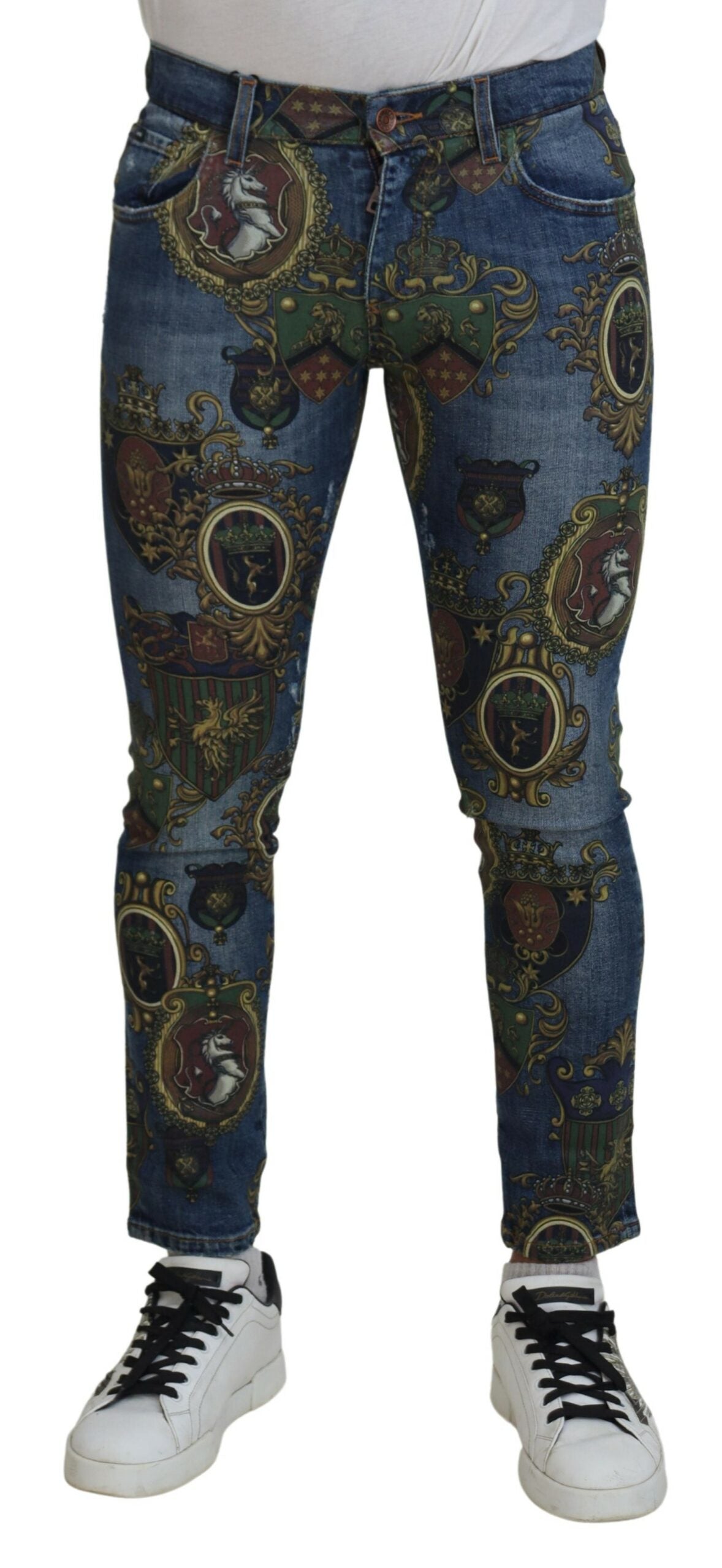New Dolce & Gabbana Blue Medal Print Slim Fit Cotton Jeans