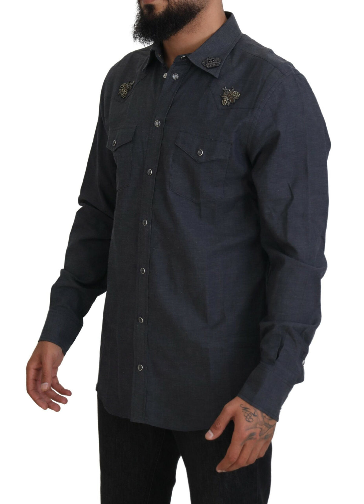 New Dolce & Gabbana Blue Cotton Denim Crystal Bee Shirt