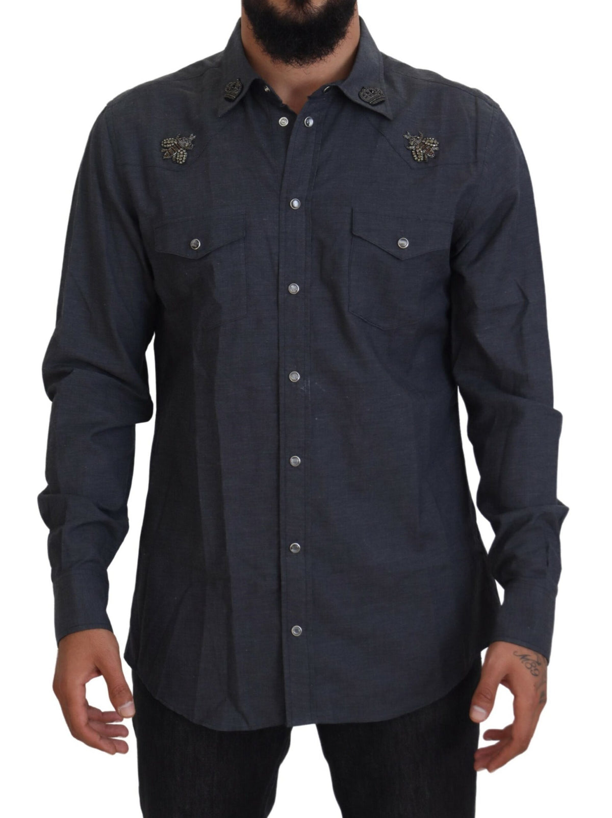 New Dolce & Gabbana Blue Cotton Denim Crystal Bee Shirt