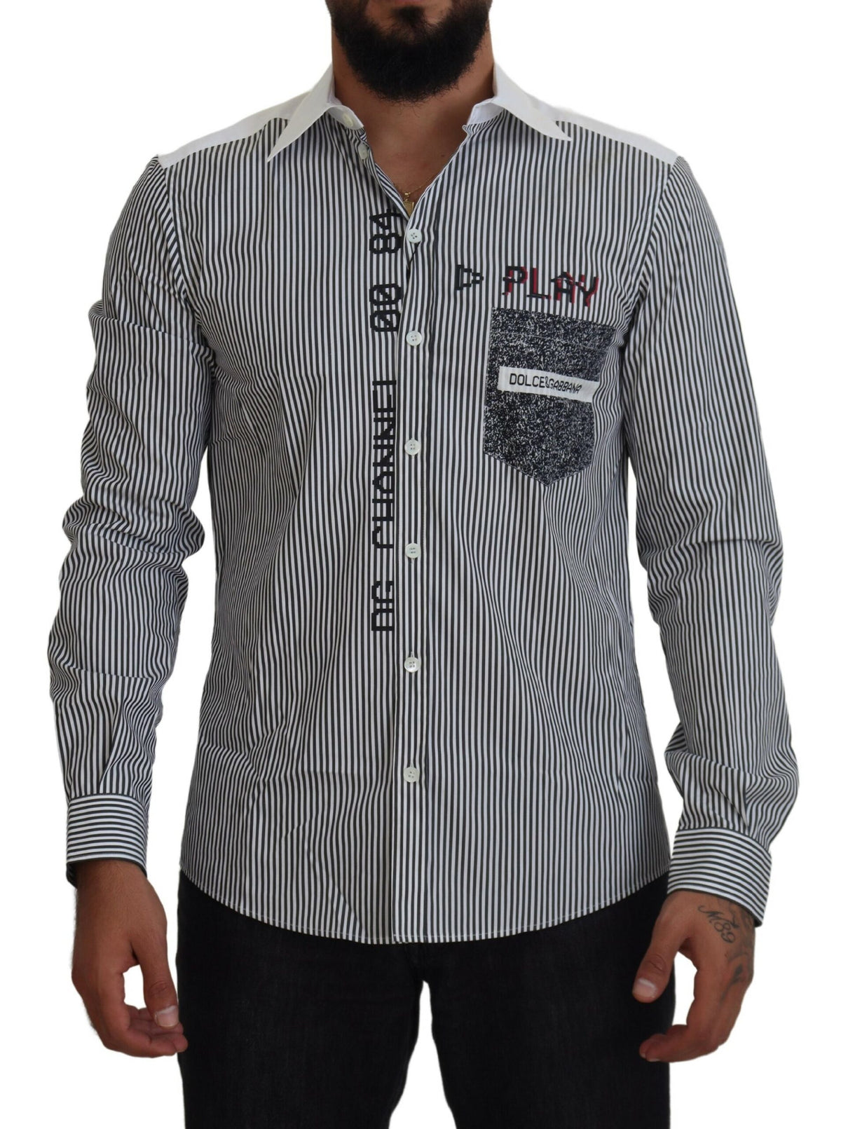 New Dolce & Gabbana Gray White Striped Slim Fit Shirt