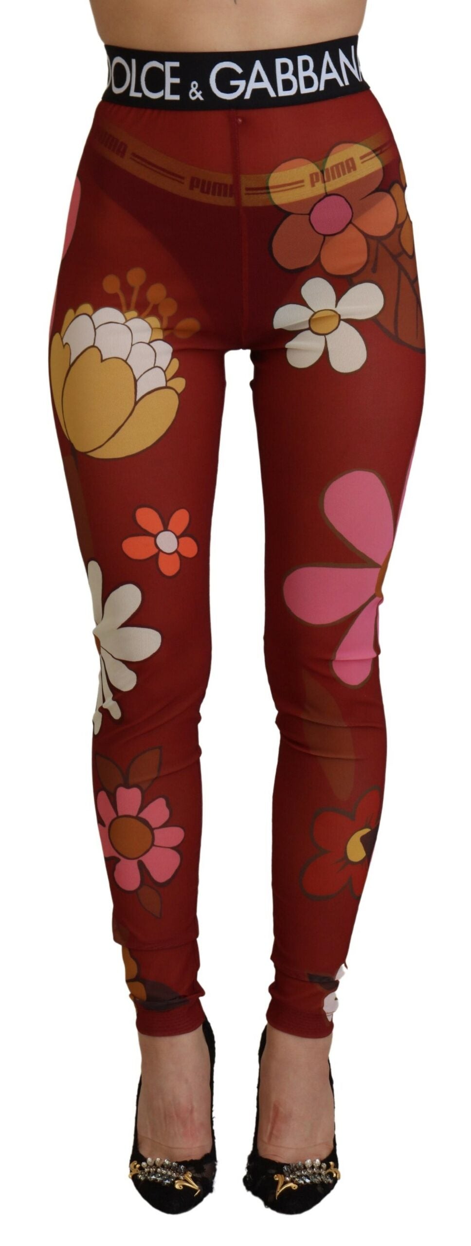 New Dolce & Gabbana Red Floral Leggings Stretch Waist Pants