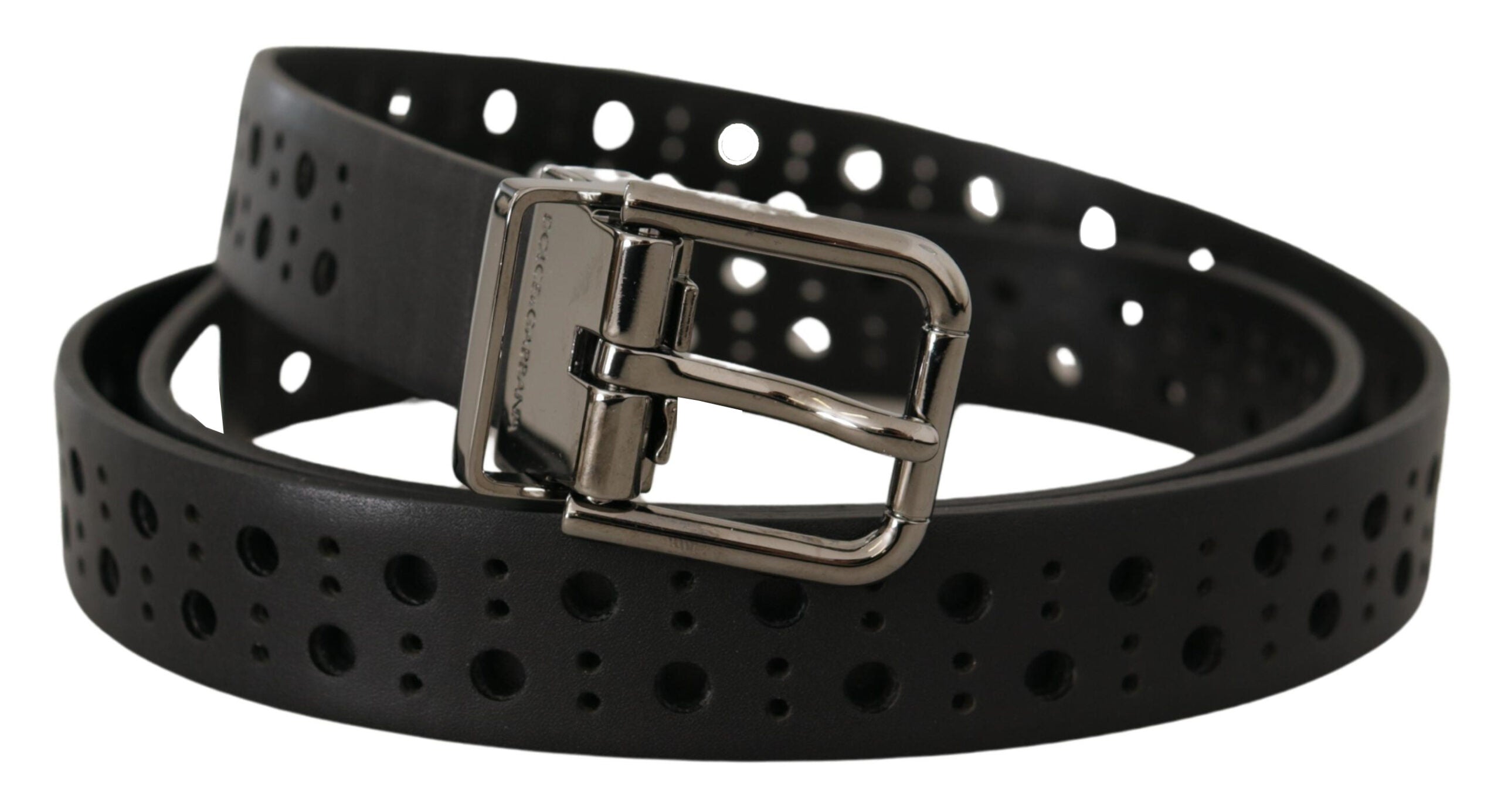New Dolce & Gabbana Black Calf Leather Perforated Metal Buckle Belt