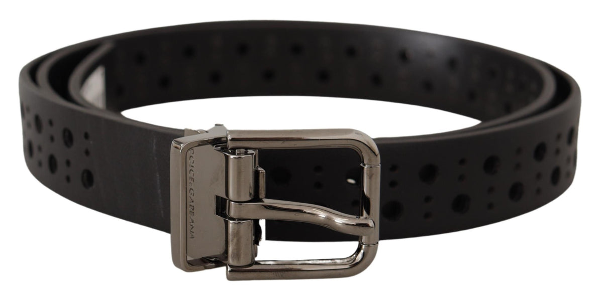 New Dolce & Gabbana Black Calf Leather Perforated Metal Buckle Belt
