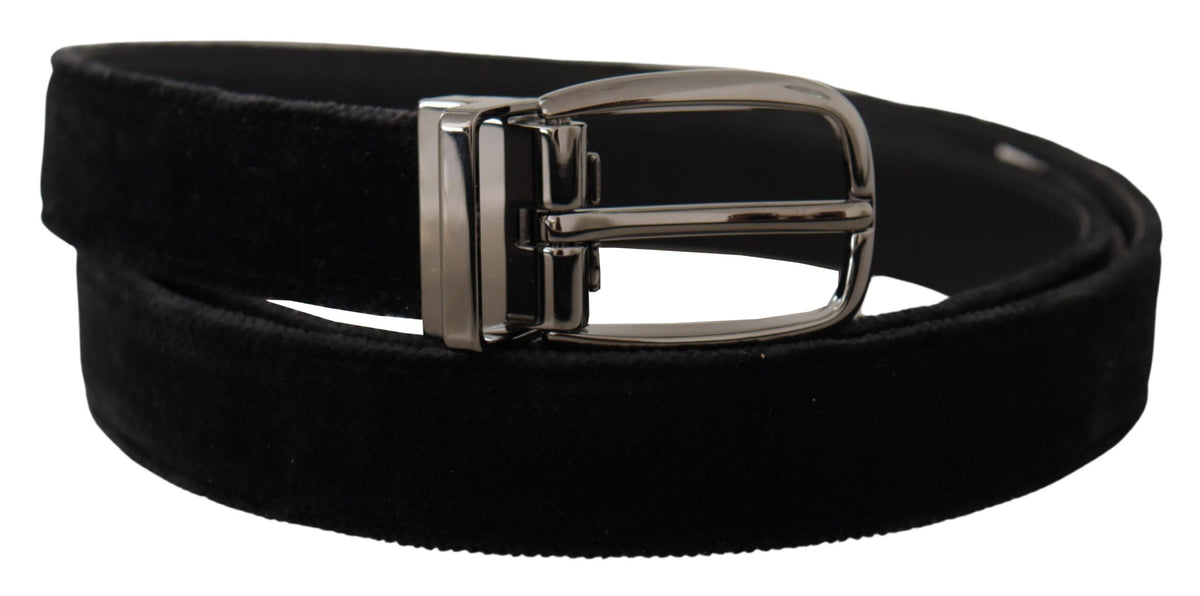 New Dolce & Gabbana Black Velvet Classic Logo Engraved Metal Belt
