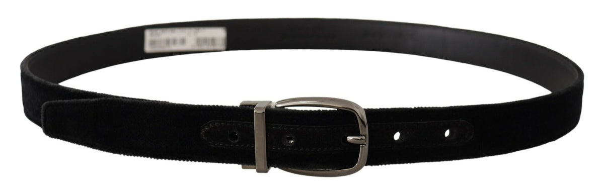 New Dolce & Gabbana Black Velvet Classic Logo Engraved Metal Belt