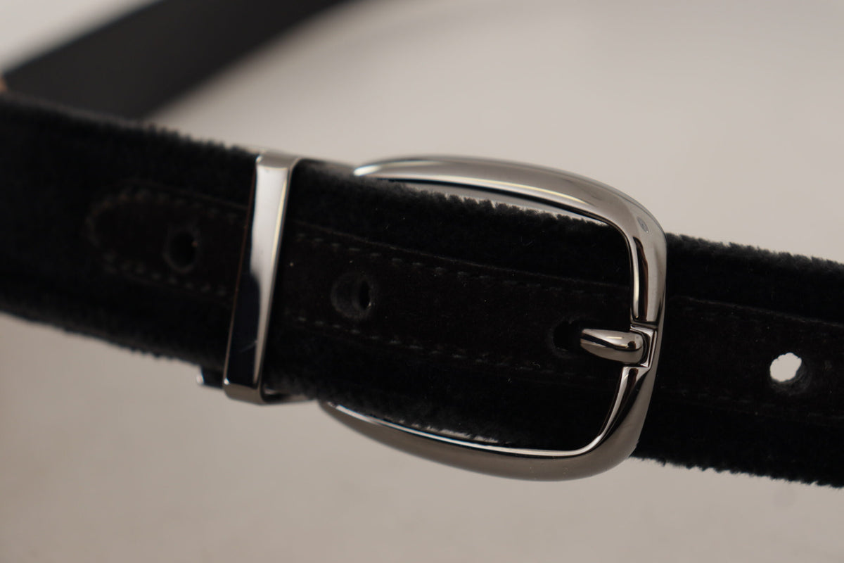 New Dolce & Gabbana Black Velvet Classic Logo Engraved Metal Belt
