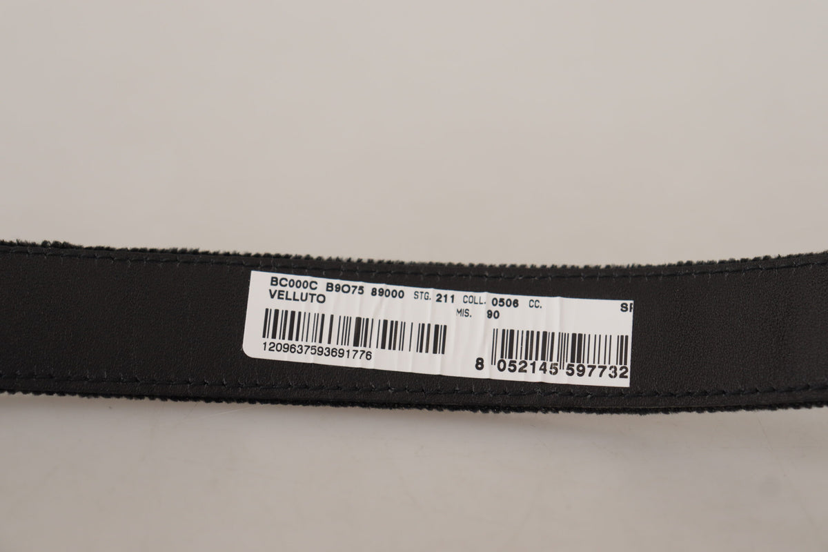 New Dolce & Gabbana Black Velvet Classic Logo Engraved Metal Belt