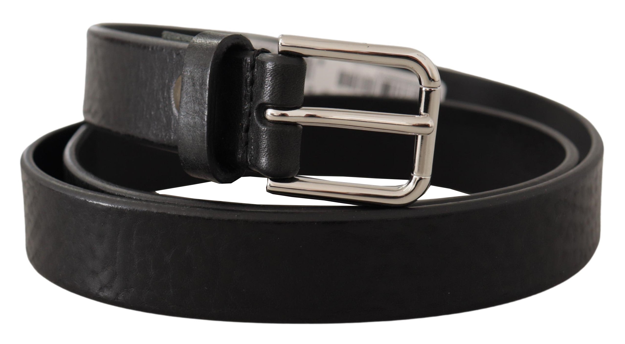 New Dolce & Gabbana Black Calf Leather Silver Tone Logo Metal Buckle Belt