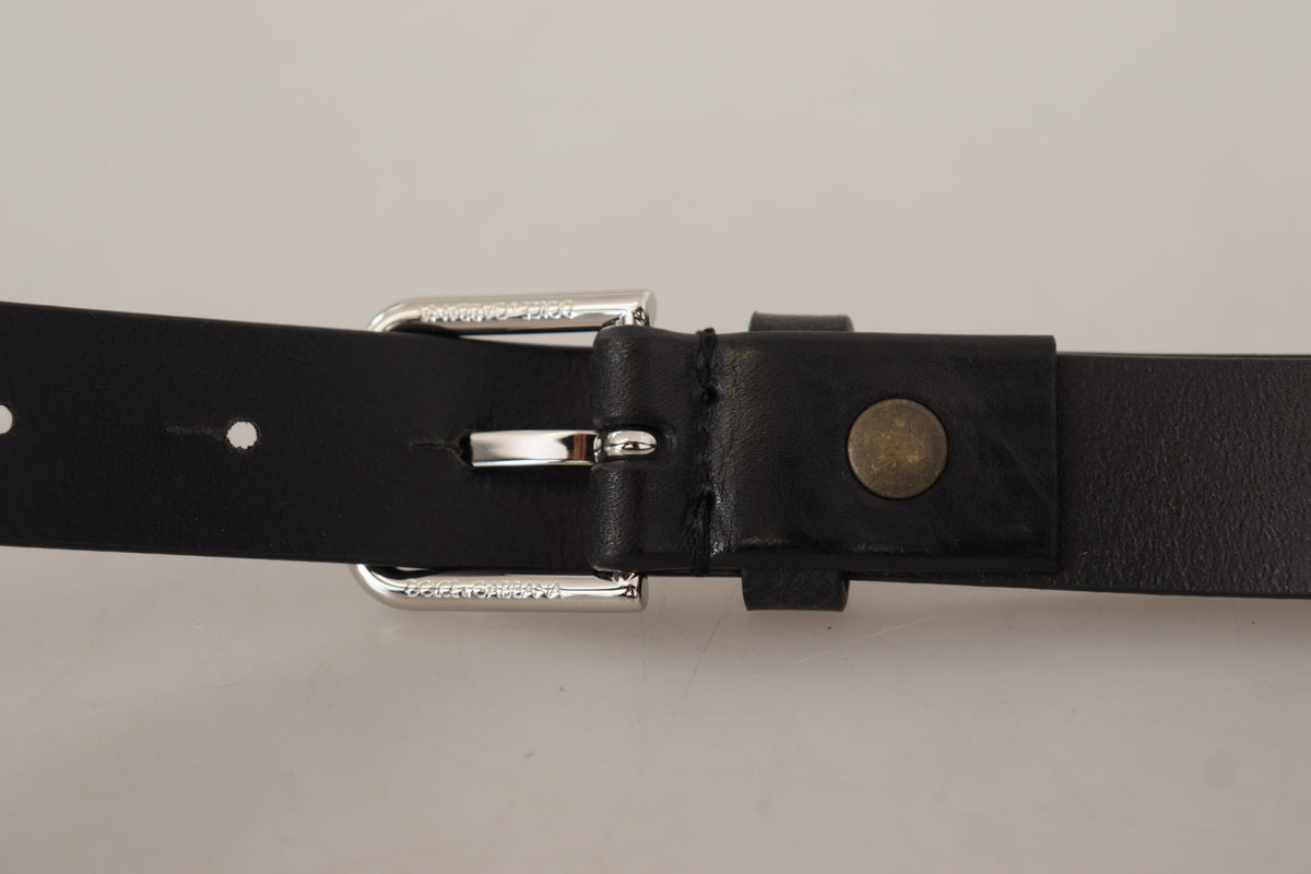 New Dolce & Gabbana Black Silver Tone Logo Metal Buckle Belt