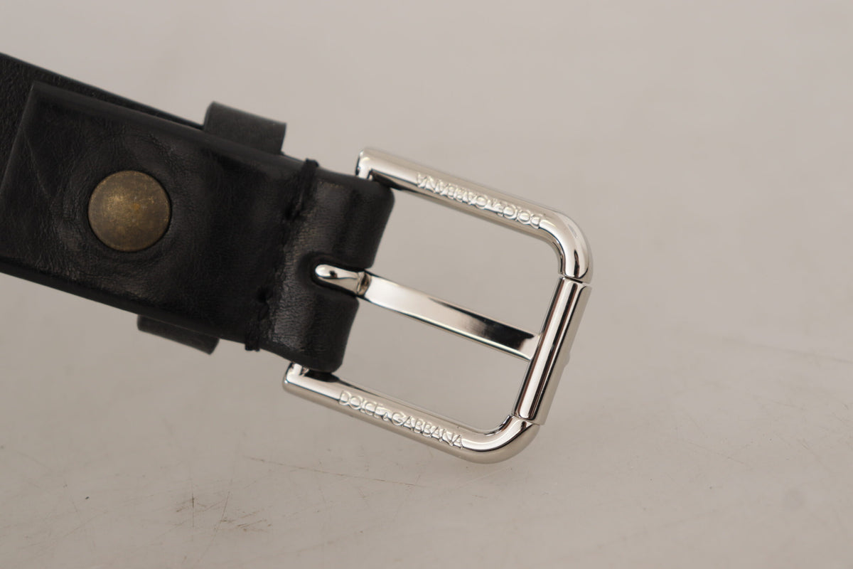 New Dolce & Gabbana Black Silver Tone Logo Metal Buckle Belt