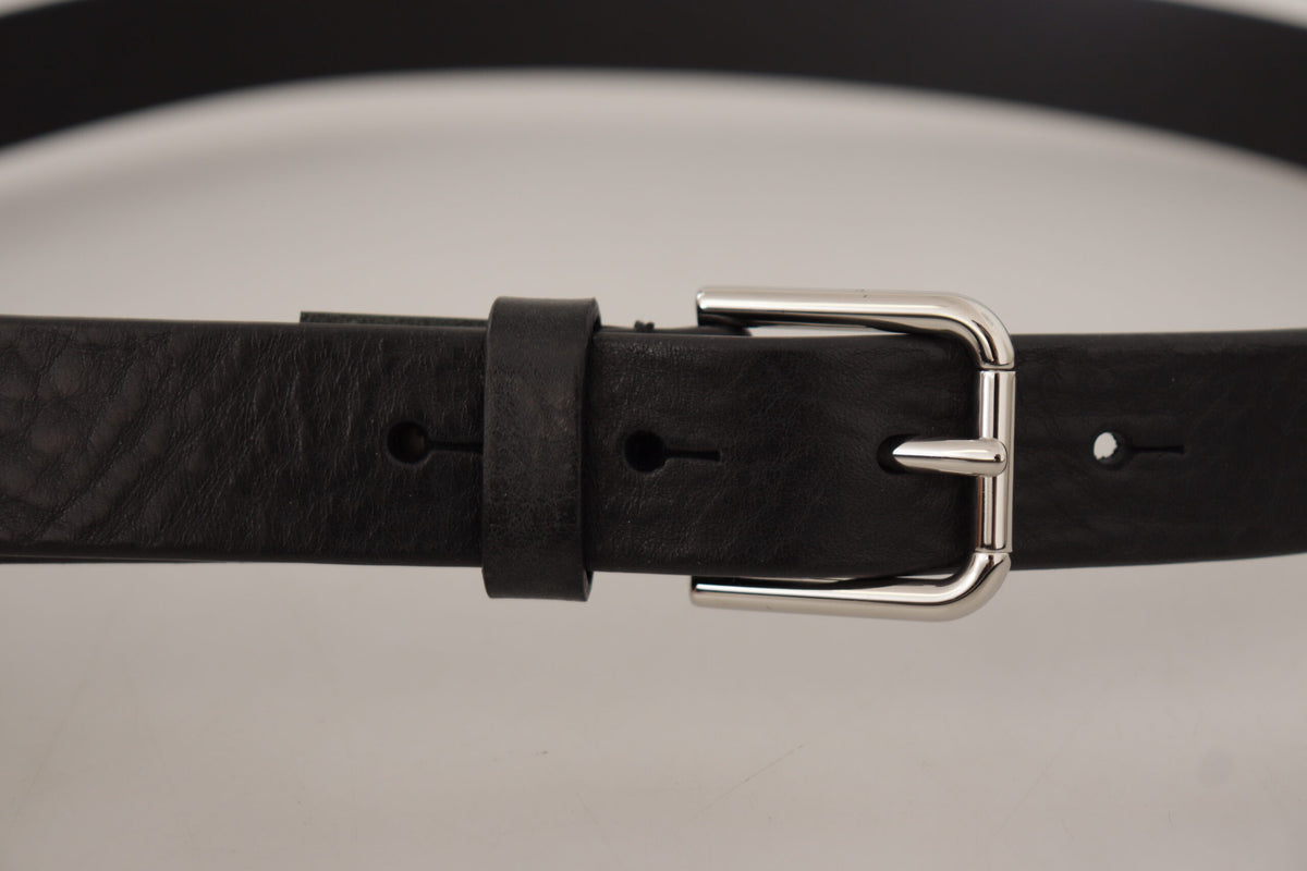 New Dolce & Gabbana Black Silver Tone Logo Metal Buckle Belt
