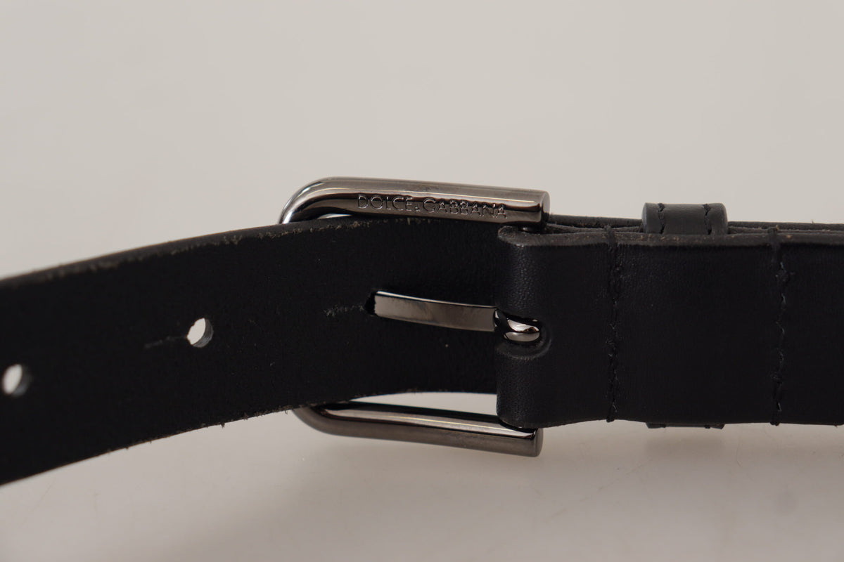 New Dolce & Gabbana Black Logo Engraved Metal Buckle Belt