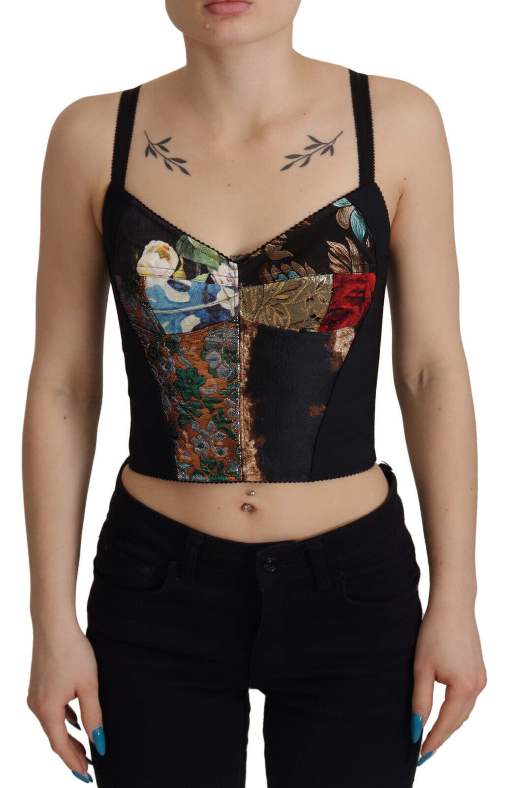 New Dolce & Gabbana Black Patchwork Sicily Blouse Corset Cropped Top