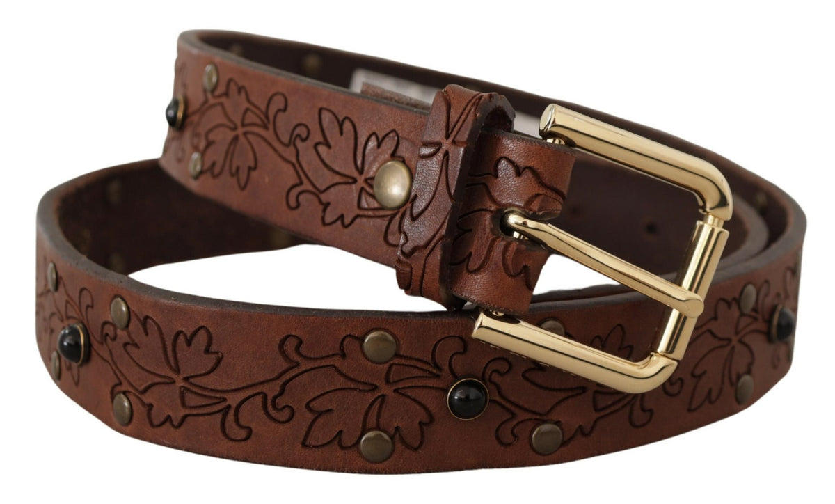New Dolce & Gabbana Brown Leather Floral Studded Metal Buckle Belt