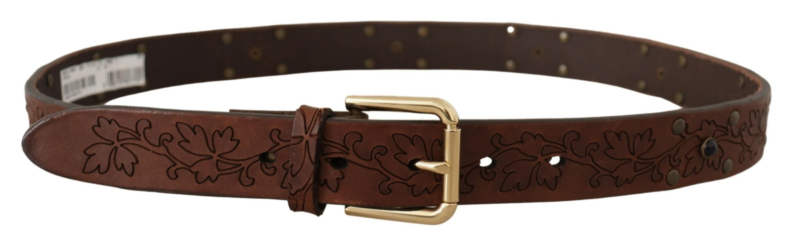 New Dolce & Gabbana Brown Leather Floral Studded Metal Buckle Belt