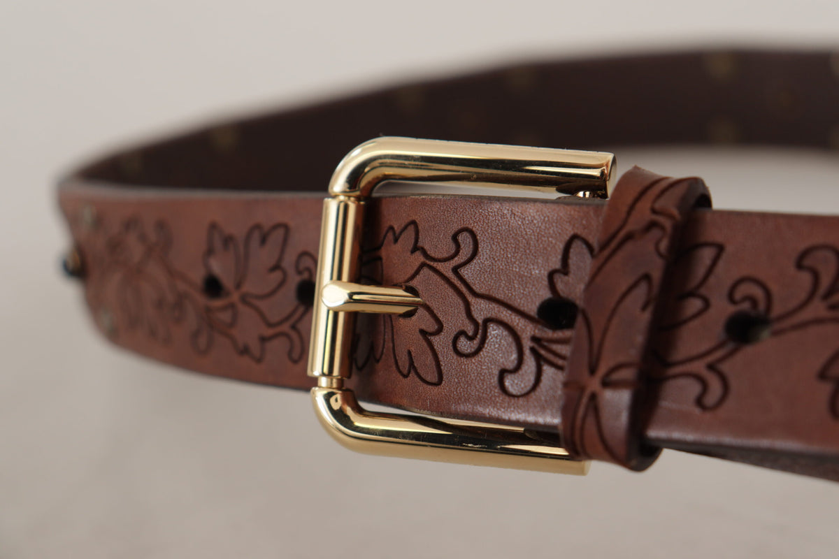 New Dolce & Gabbana Brown Leather Floral Studded Metal Buckle Belt