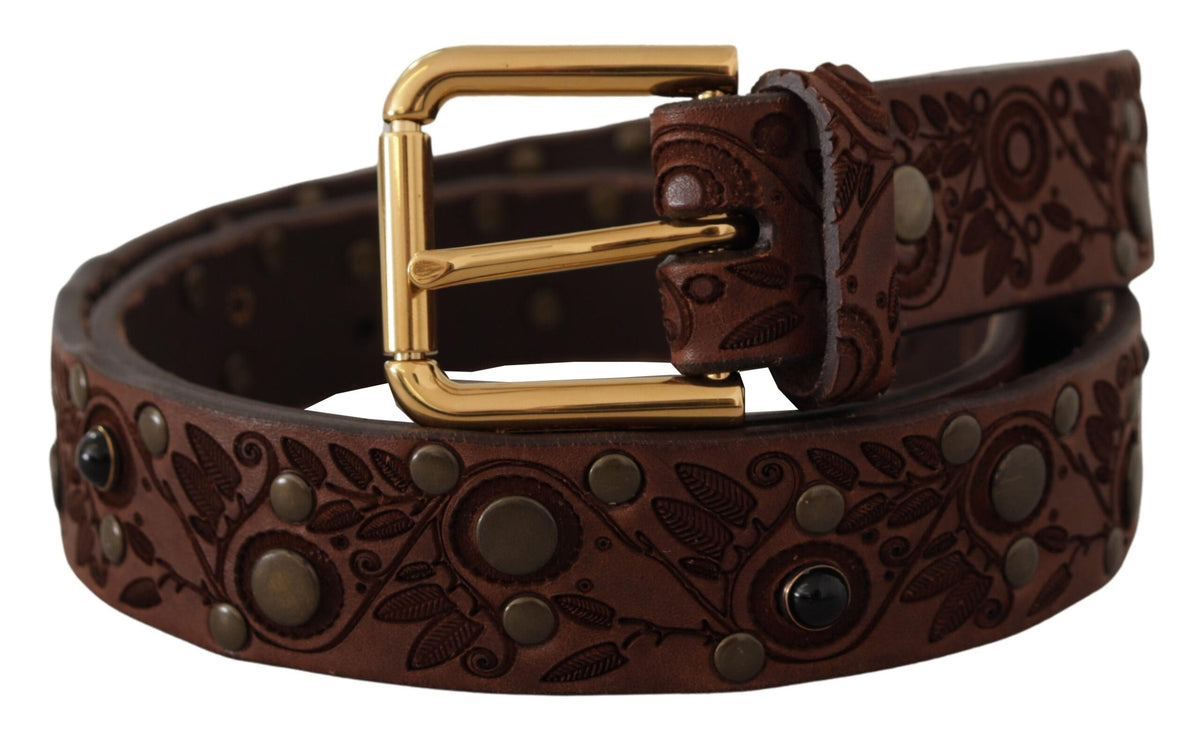 New Dolce & Gabbana Brown Calf Leather Embossed Gold Metal Buckle