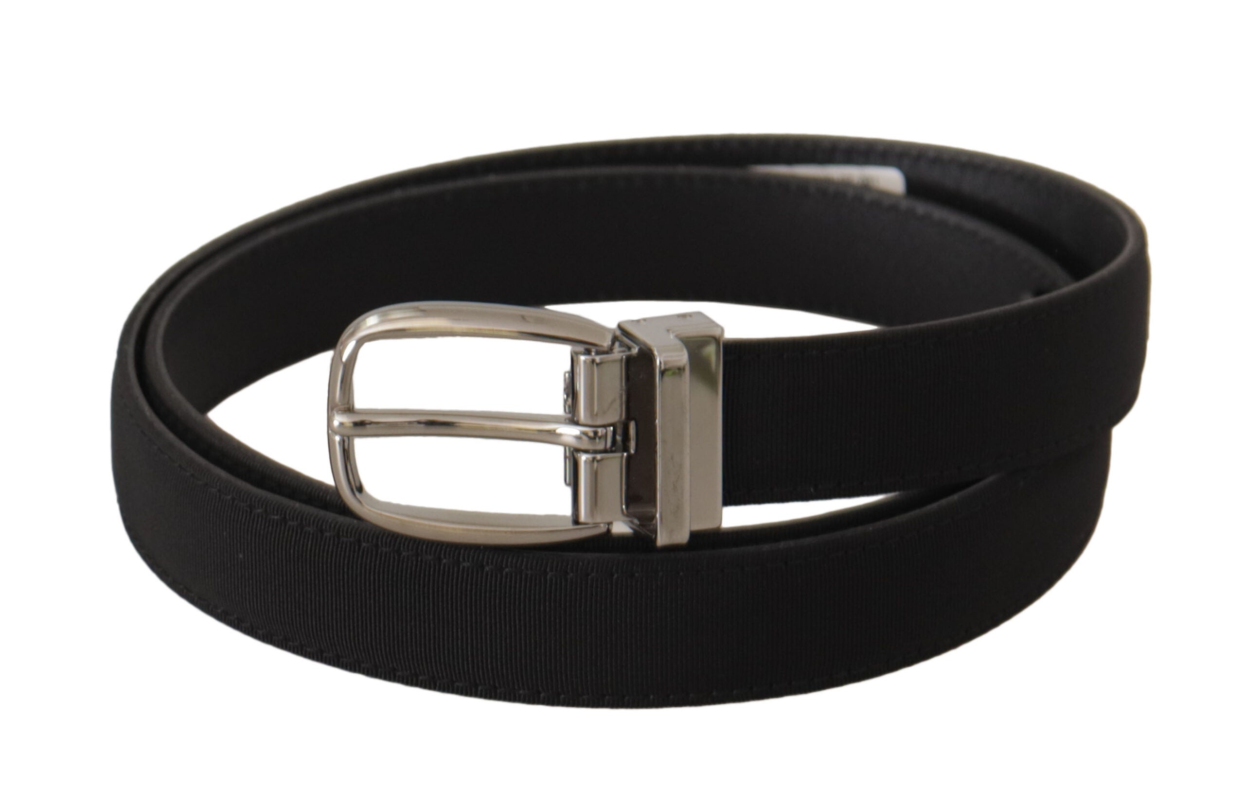 New Dolce & Gabbana Black Calf Canvas Silver Tone Logo Metal Belt