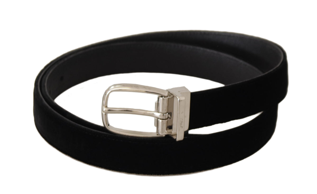 New Dolce & Gabbana Black Casual Velvet Silver Tone Metal Buckle Belt
