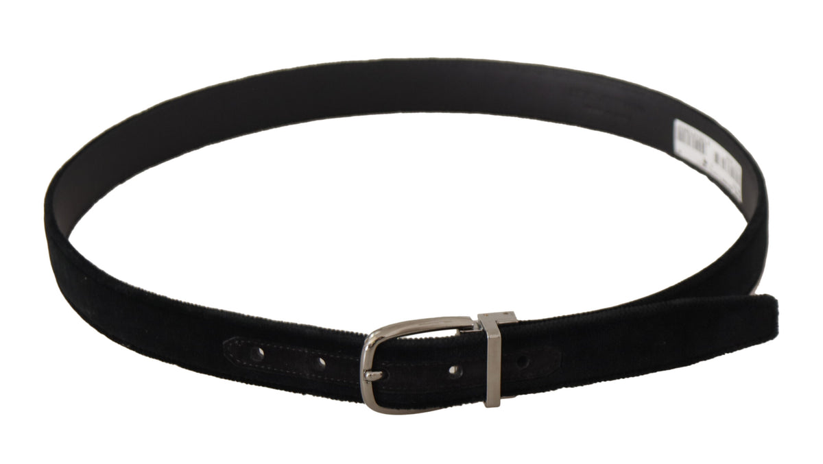 New Dolce & Gabbana Black Classic Velvet Silver Tone Metal Buckle Belt