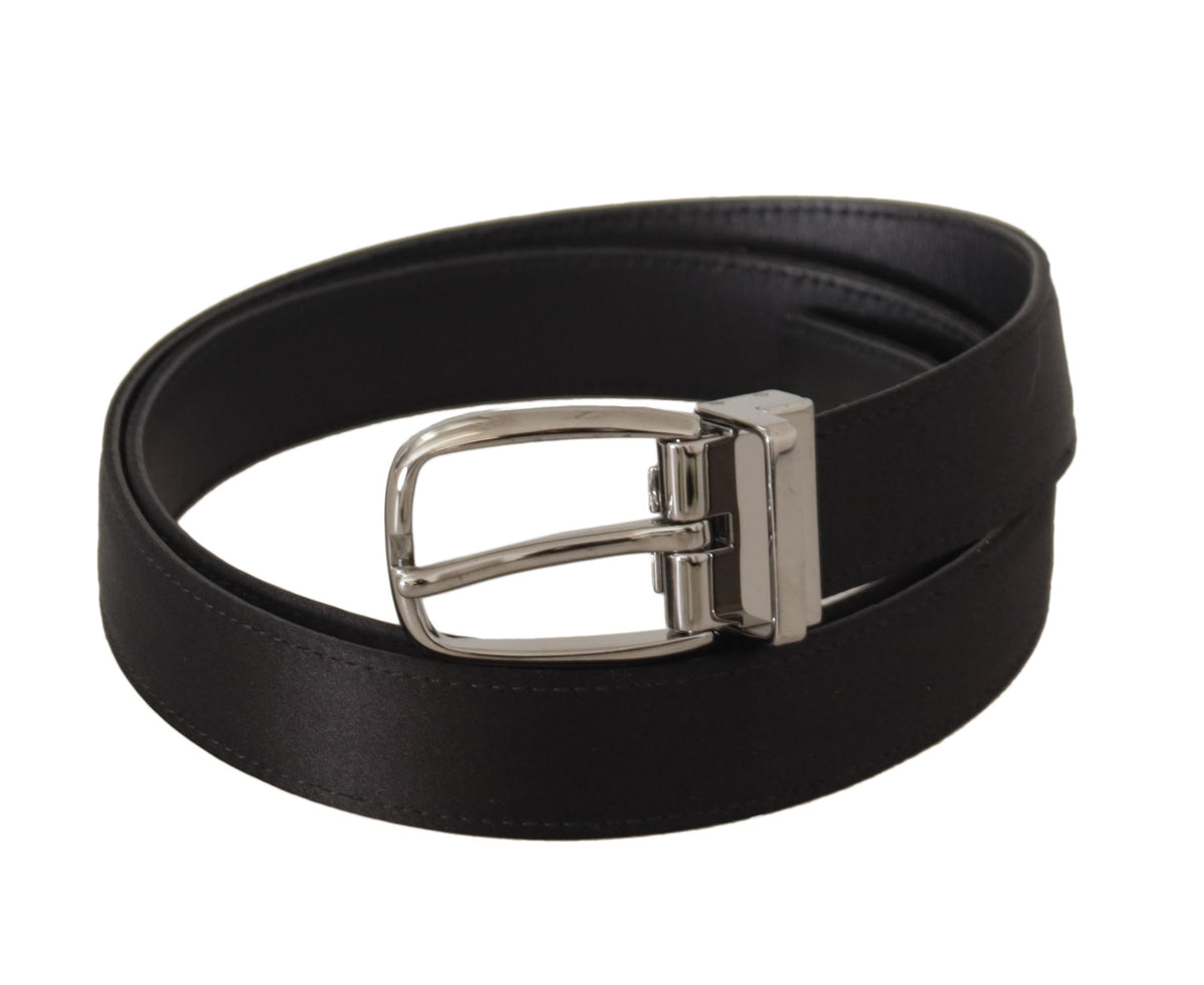 New Dolce & Gabbana Black Calf Leather Silver Logo Metal Buckle Belt