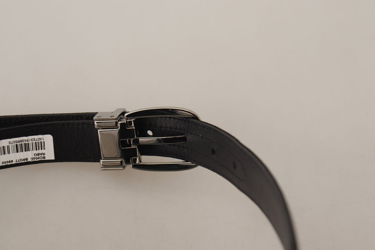 New Dolce & Gabbana Black Silver Logo Metal Buckle Belt