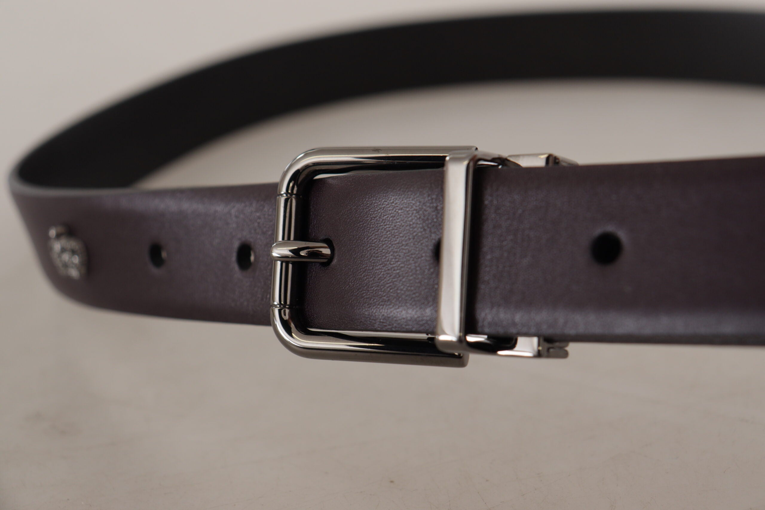 New Dolce & Gabbana Dark Purple Leather Box Borchia Metal Buckle Belt