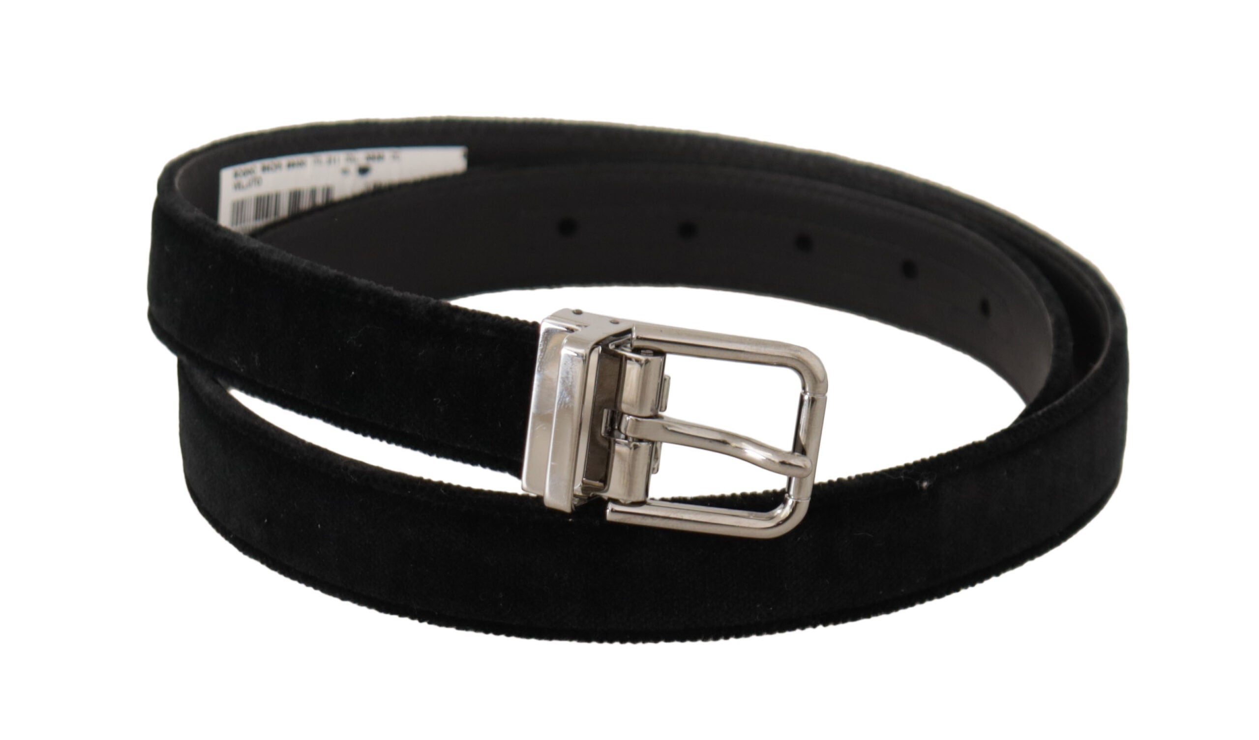 New Dolce & Gabbana Black Casual Velvet Silver Metal Logo Buckle Belt