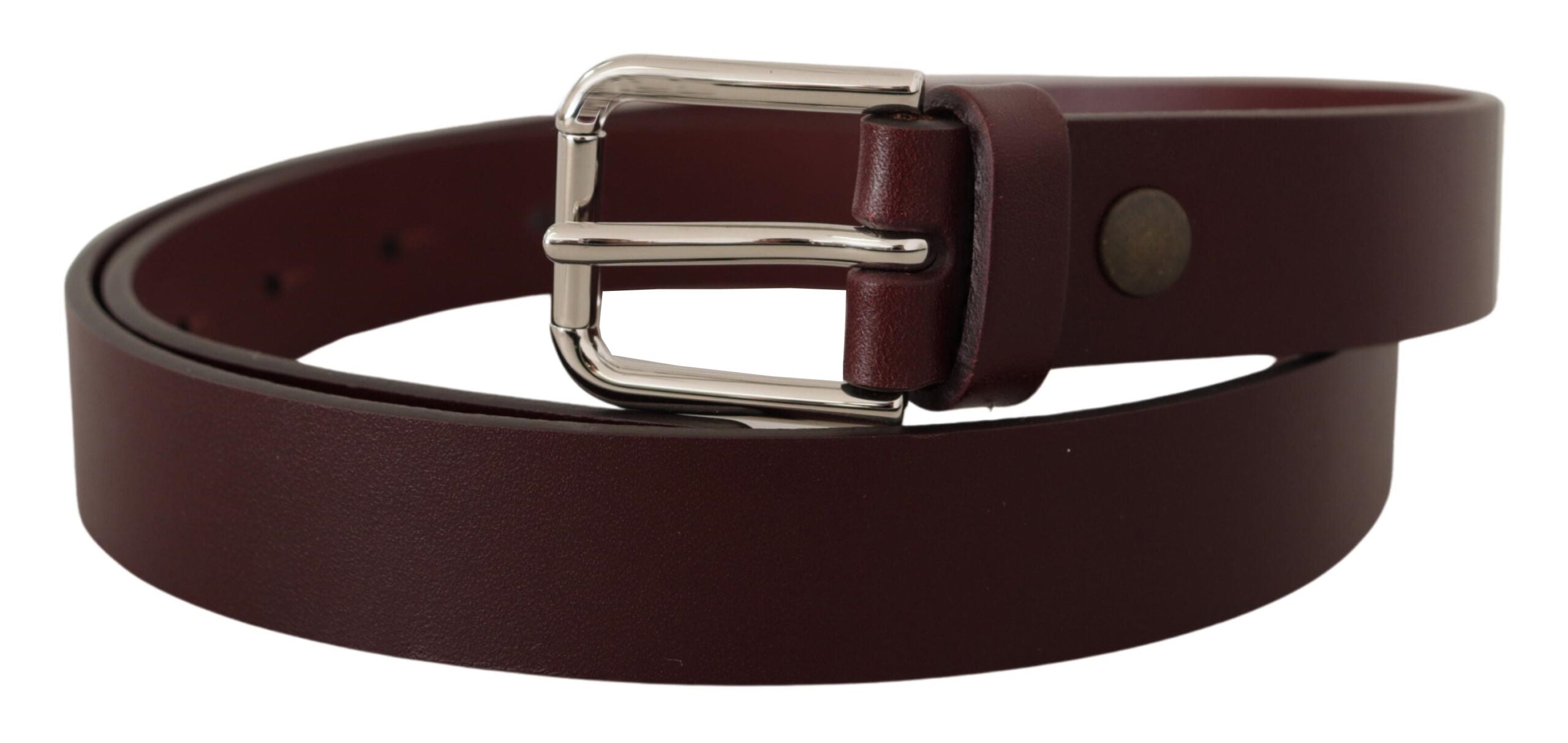New Dolce & Gabbana Maroon Calf Leather Silver Tone Metal Buckle Belt