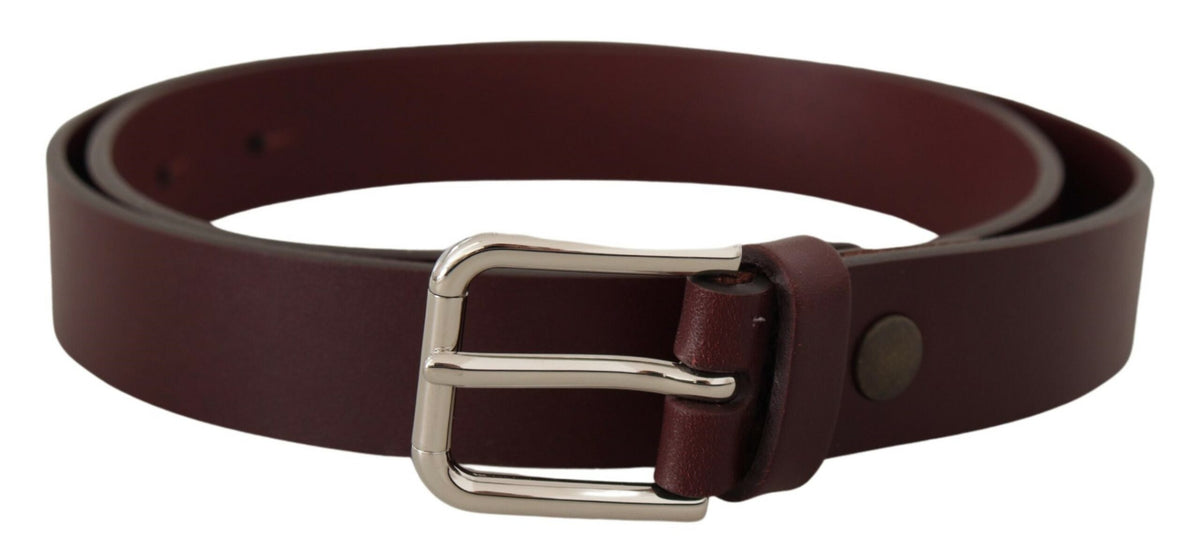 New Dolce & Gabbana Maroon Calf Leather Silver Tone Metal Buckle Belt