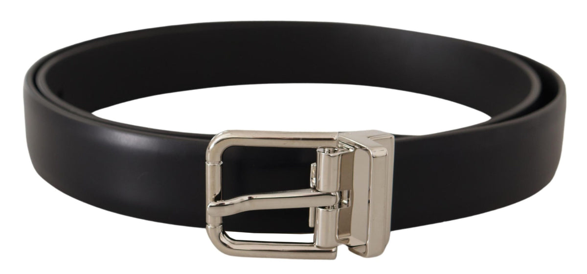 Dolce & Gabbana Black Leather Silver Metal Logo Buckle Belt
